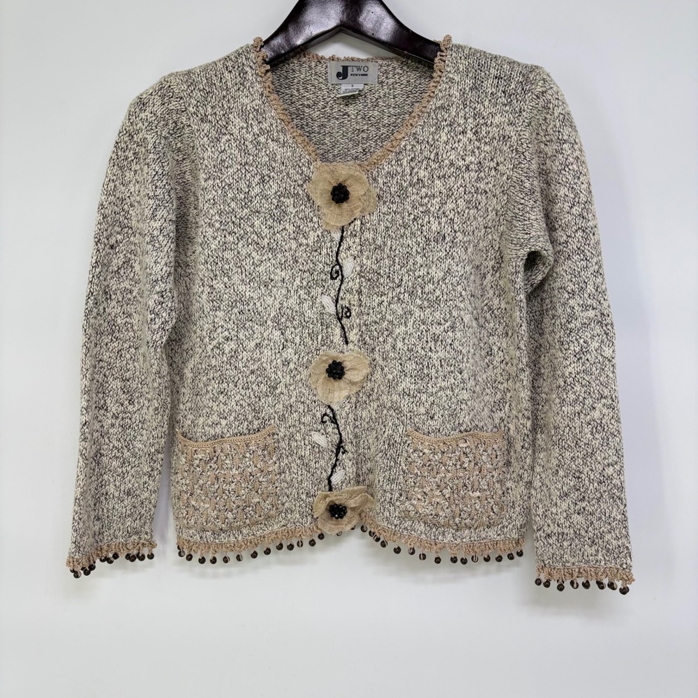Vintage Gray Marled‎ Floral Beaded Cardigan Sweater Womens Small Cottagecore